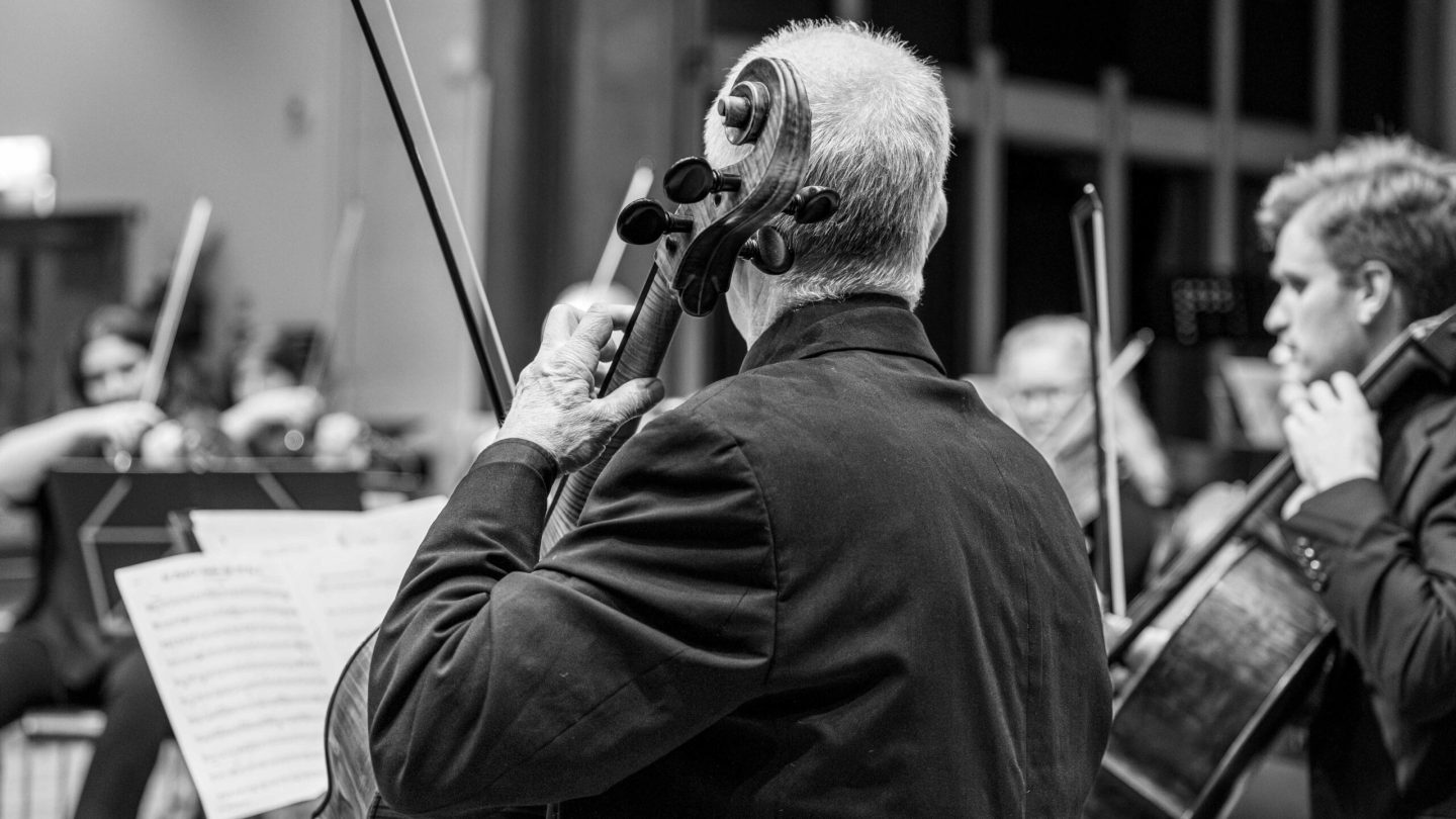 Black and white photo of the back of a man playing cello.