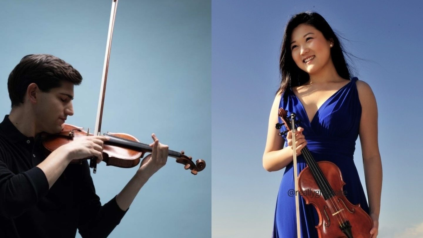 Split screen of a man playing the violin and a woman stood holding a violin.