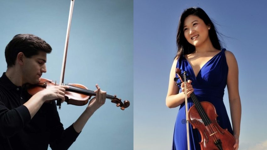Split screen of a man playing the violin and a woman stood holding a violin.