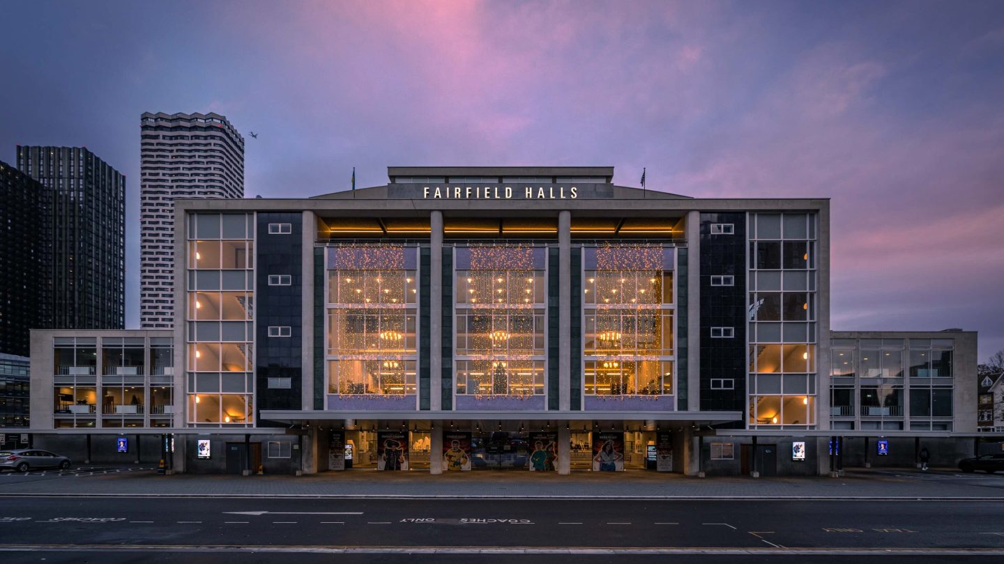 Exterior of Fairfield Halls captured at dusk.
