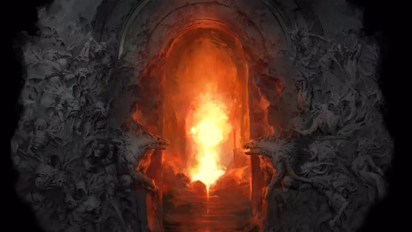 A dramatic fantasy scene, with fire shown through a doorway.