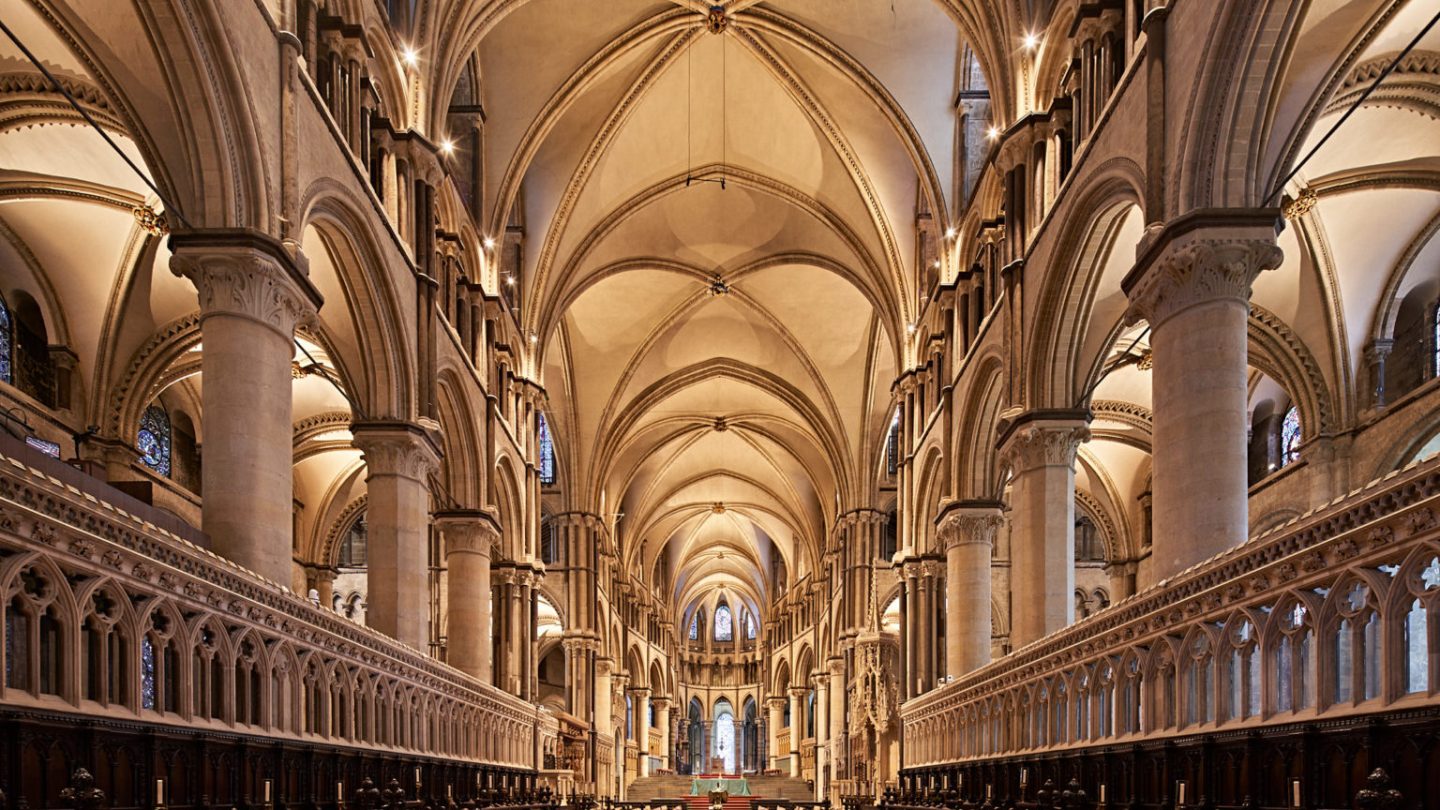 The dramatic vaulted ceiling of Canterbury cathedral.
