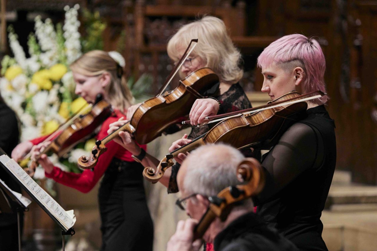 A woman with pink hair looks at music on a stand whilst playing the viola.